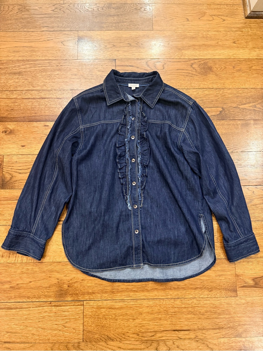 Pilcro by Anthropologie Women’s Navy Denim Ruffle-Front Button Shirt